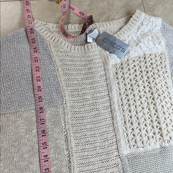 Chico’s Shabby Chic Priscilla Patchwork Sweater Neutral Beige Knit Top Sz 3 Lace - Picture 8 of 10